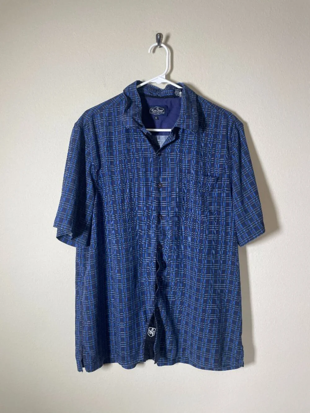 Nat Nast Luxury Original SS Blue Plaid Button-Up 100% Silk Shirt Large!